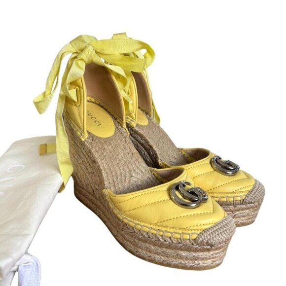 RARE COLOR Gucci Marmont Platform Espadrille Wedges Sandals Banana  7 LIKE NEW - Picture 3 of 7